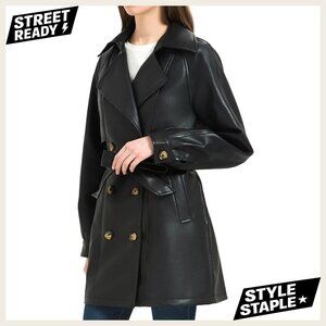 Faux Leather Trench Coat, Belted Blazer Jacket, Loose Fit, Long Sleeve